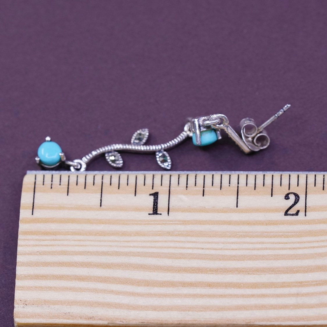 vtg Sterling silver handmade earrings, 925 wavy w/ turquoise, and marcasite