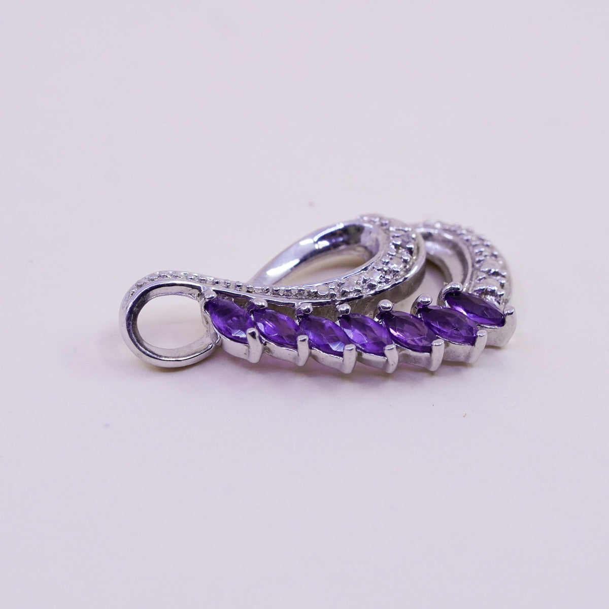 vintage sterling 925 silver teardrop pendant with amethyst and diamond