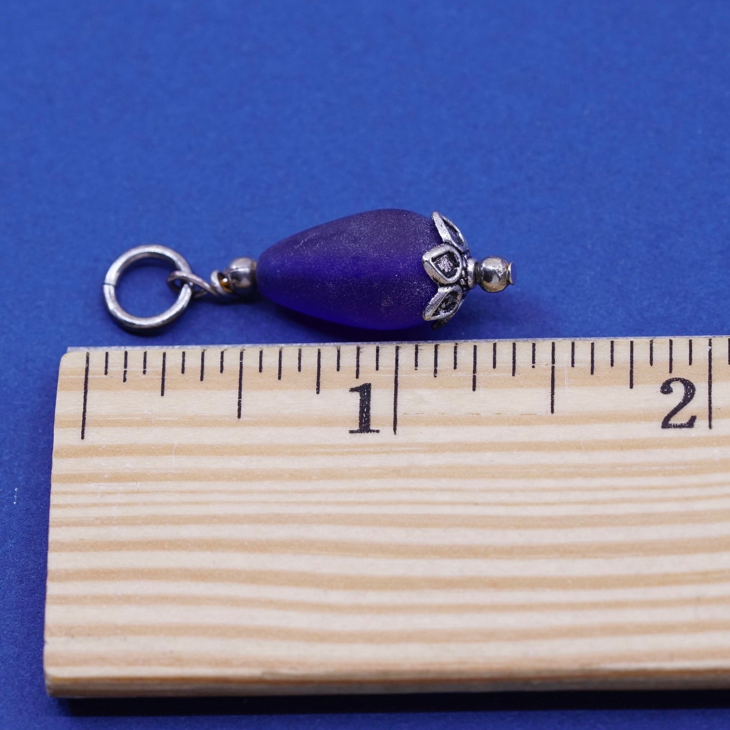 Vintage sterling 925 silver handmade pendant charm with blue teardrop glass