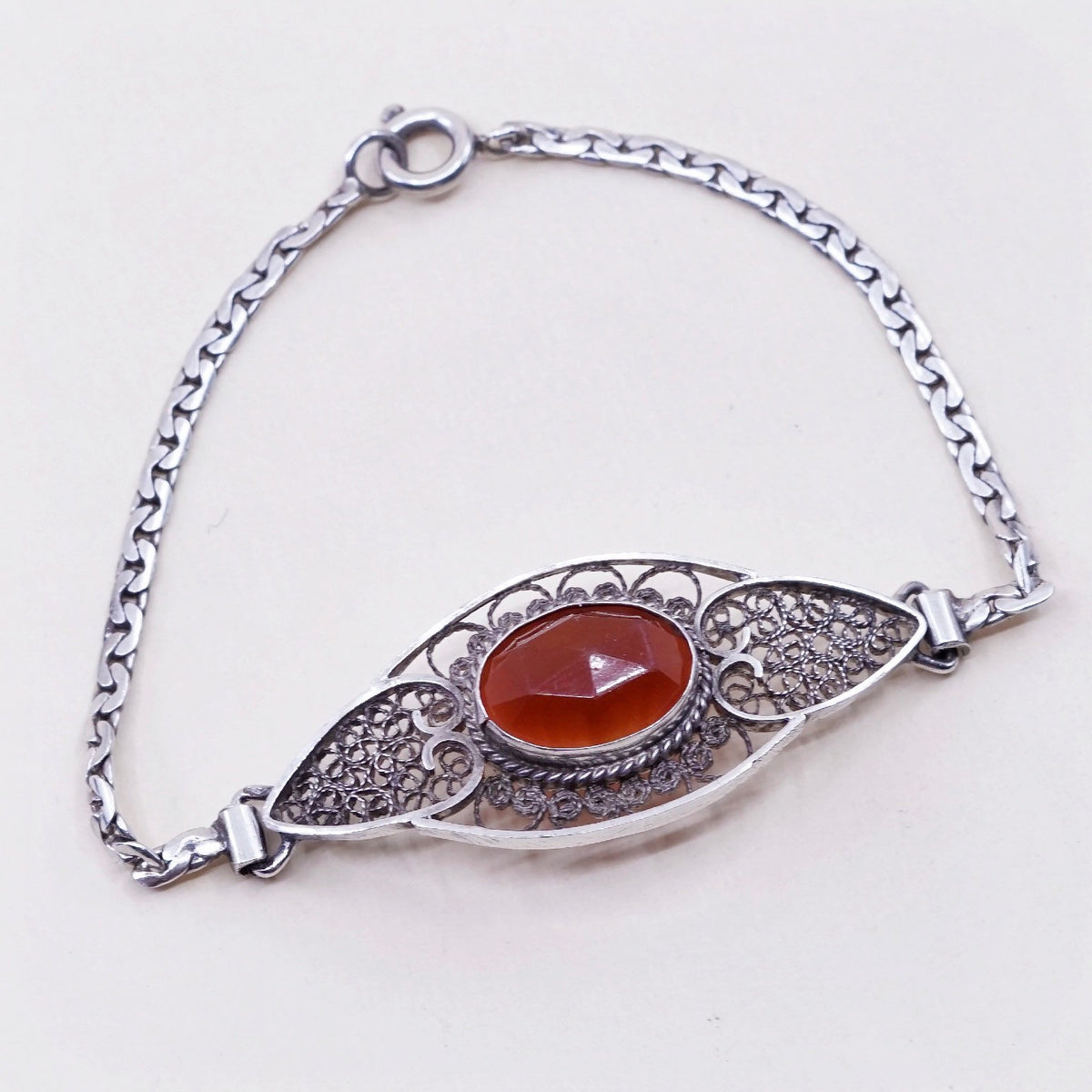 7”, Vintage Sterling silver handmade bracelet, 925 filigree with carnelian