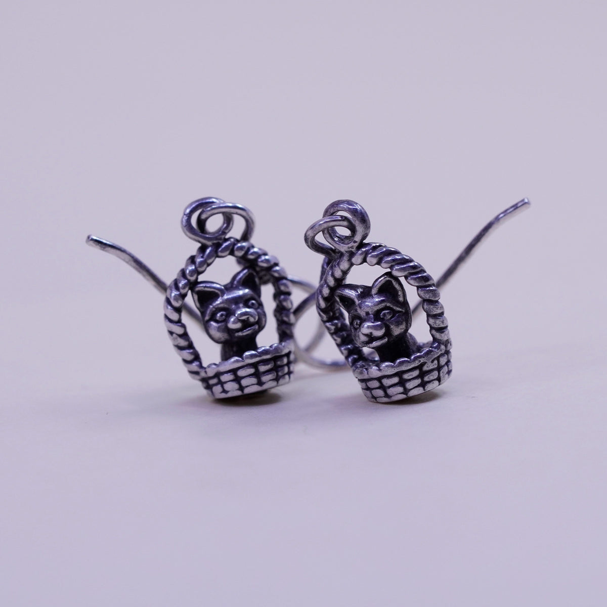 Vintage sterling silver handmade earrings, 925 dog puppy in basket dangles