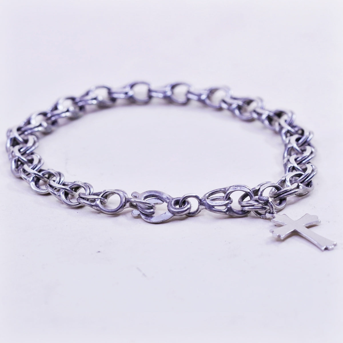 7.25”, 8mm, Vintage sterling silver double curb chain, 925 bracelet cross charm