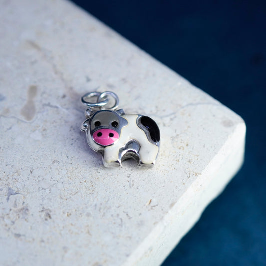 Vintage Sterling 925 silver handmade pendant, enamel cow charm