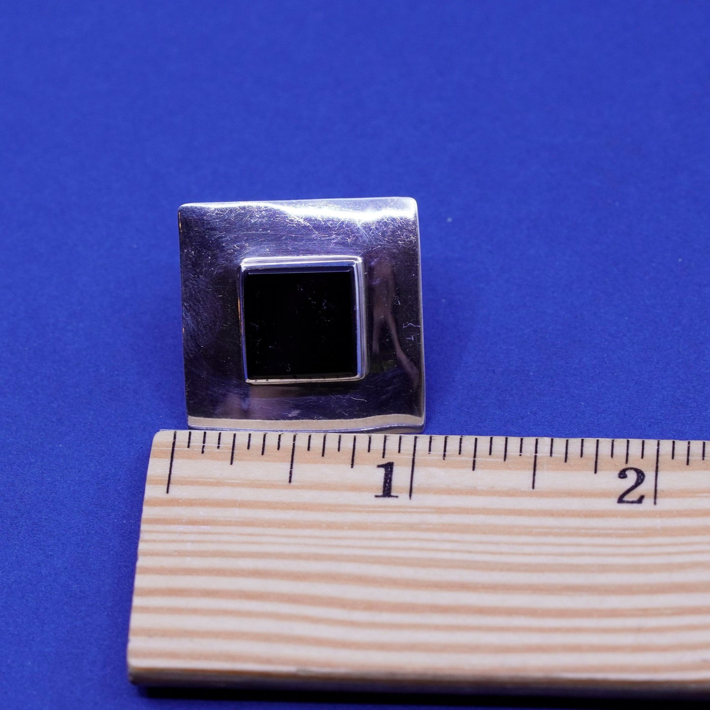 vtg sterling 925 silver handmade earrings, Thailand 925 square studs w/ onyx
