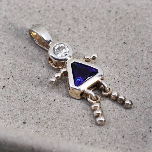 Vintage sterling silver birthstone pendant, girl figure charm with sapphire