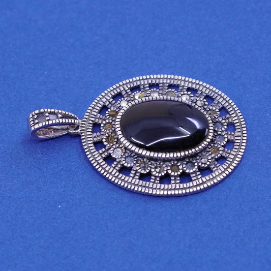 Vintage sterling 925 silver handmade pendant with oval obsidian and marcasite