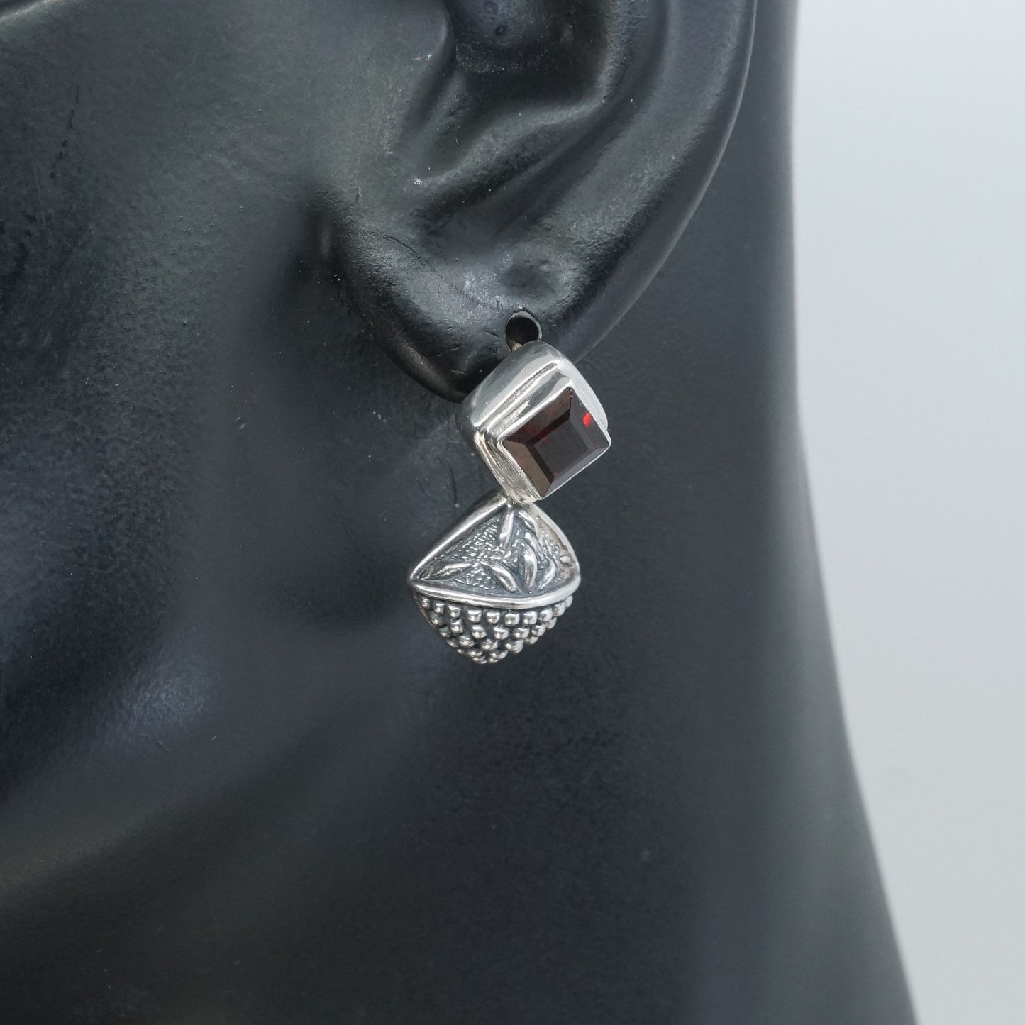Vintage sterling silver handmade earrings, Mexican 925 ruby studs w/ beads