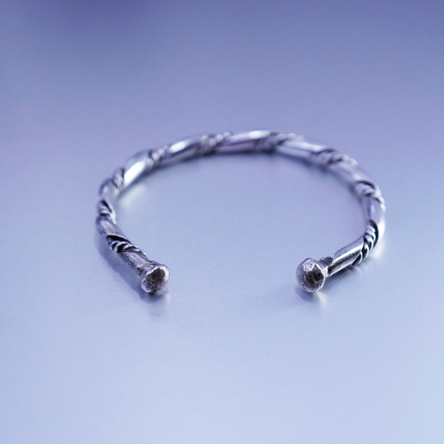 6.75”, Sterling 925 silver handmade bracelet, twisted cable cuff with bead ends