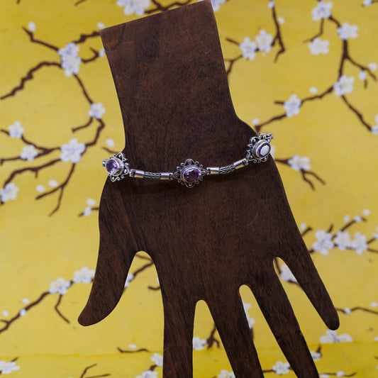 7.25”, Sterling silver handmade bracelet, bold 925 wheat chain amethyst