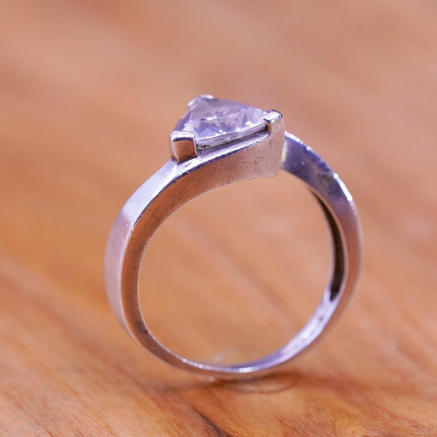 Size 7.25, Sterling silver handmade ring, 925 engagement band w/ triangular cz