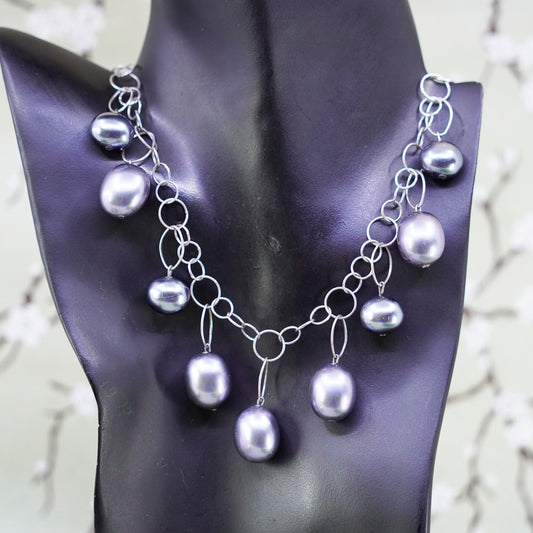 18”, vintage handmade pearl necklace, linen thread with faux black pearl