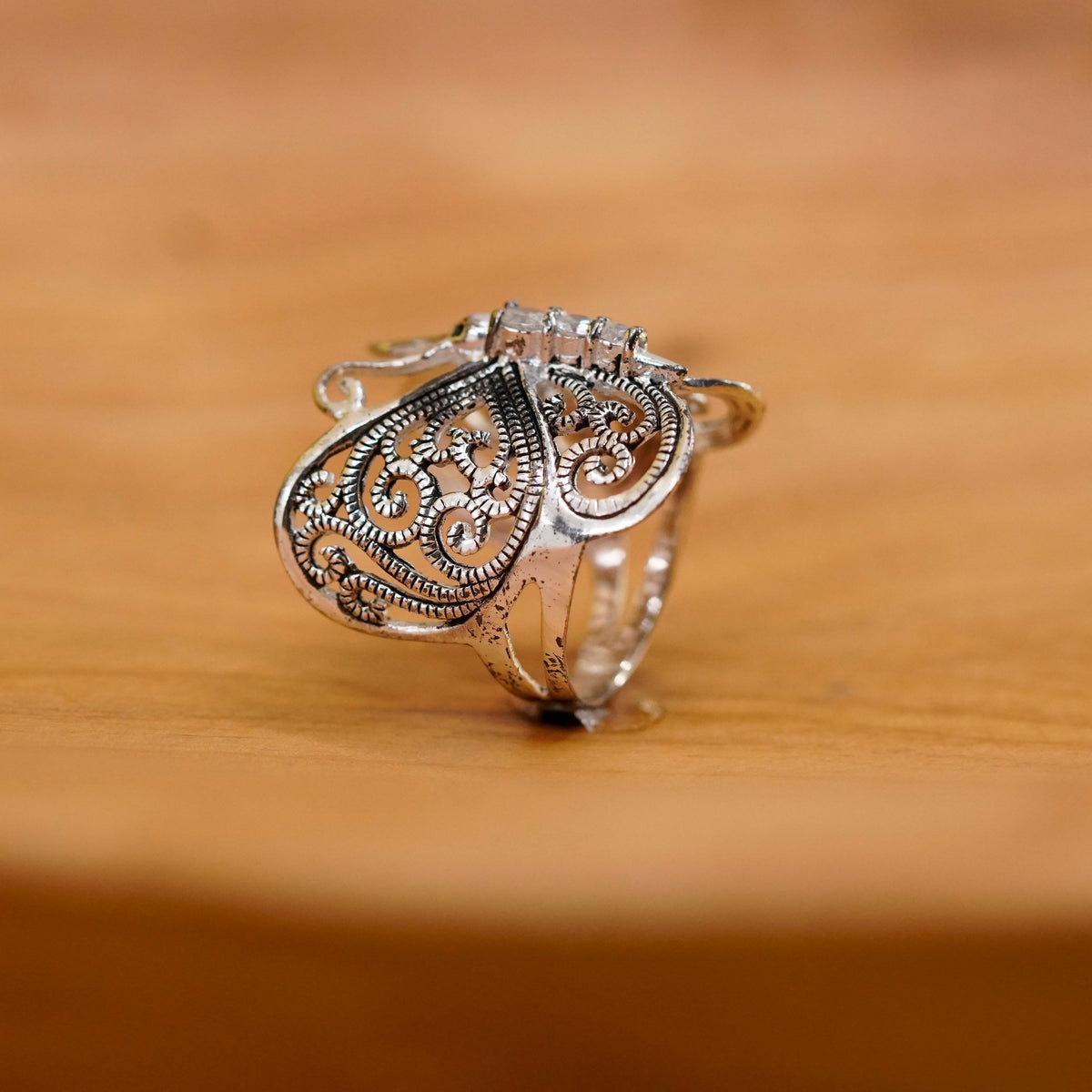 Size 7, Vintage Sterling silver handmade ring, 925 filigree butterfly band cz