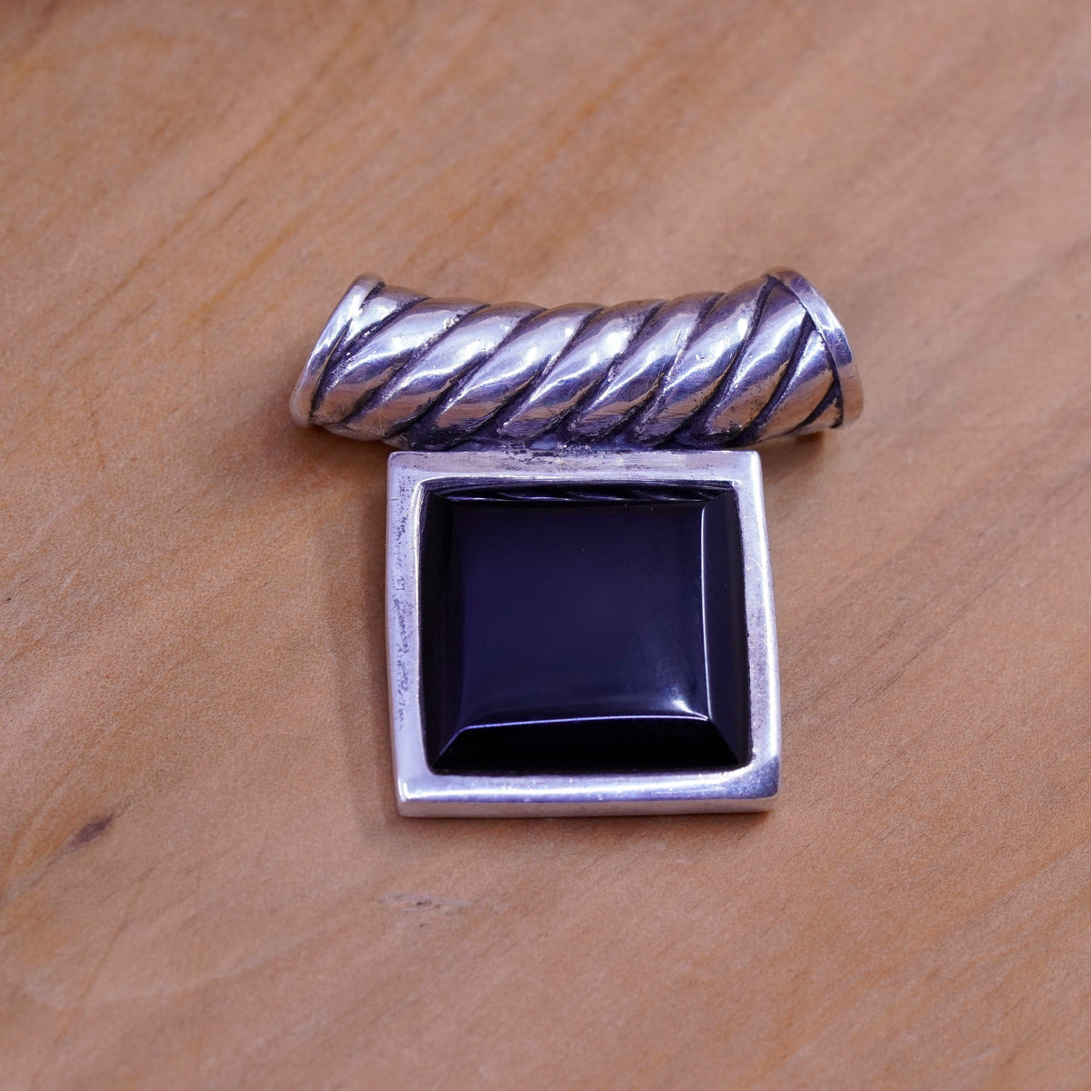 Sterling silver handmade pendant, Mexico 925 square obsidian, black onyx drop