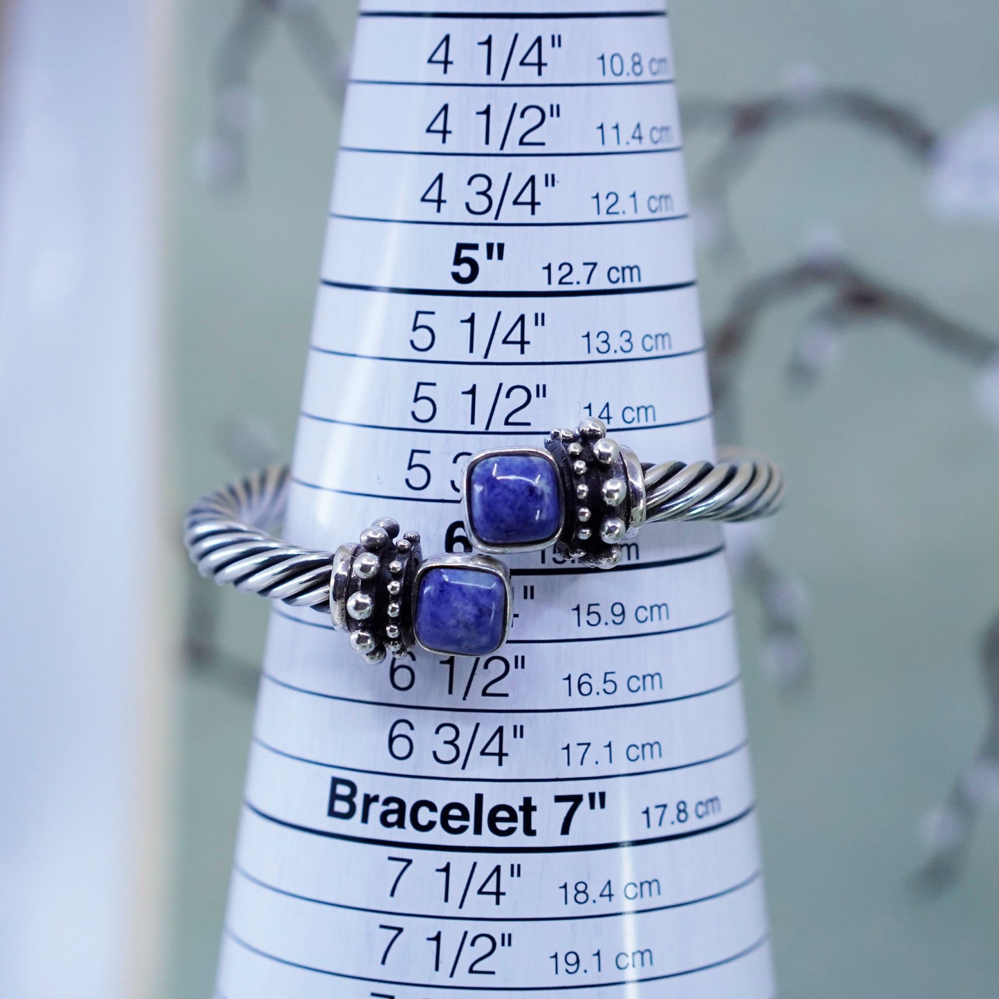 6”, vintage Sterling silver bracelet, handmade 925 cable cuff with sodalite