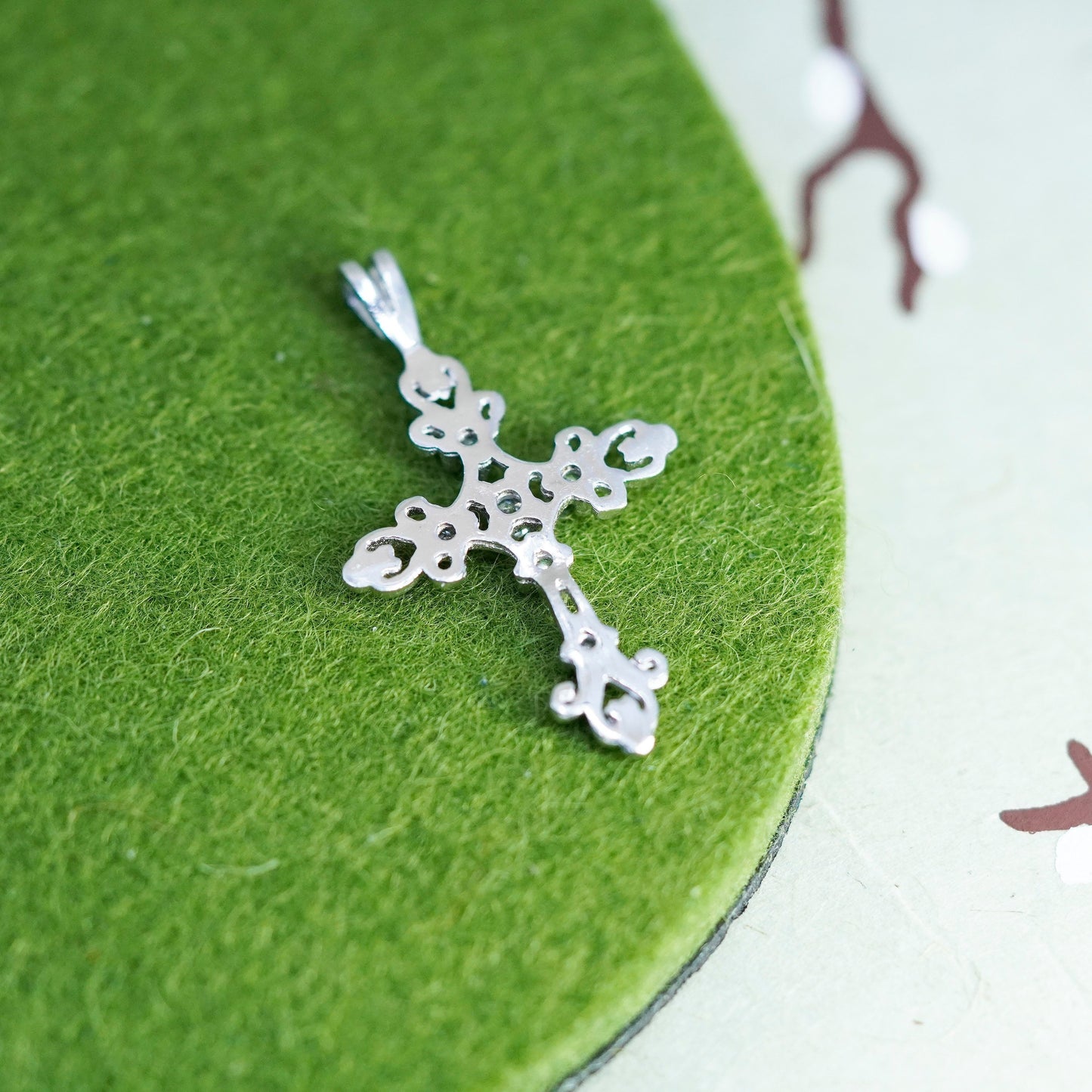 Vintage handmade Sterling silver pendant, 925 filigree cross with cz