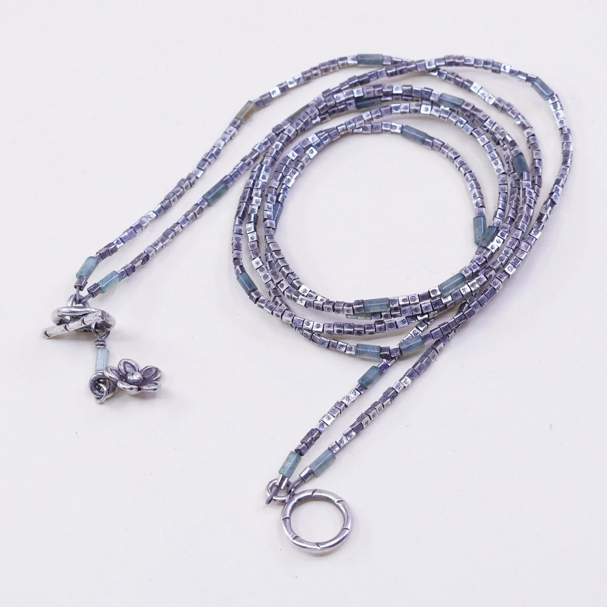 18”, Sterling silver double strands necklace 925 nugget chain w/ flower pendant