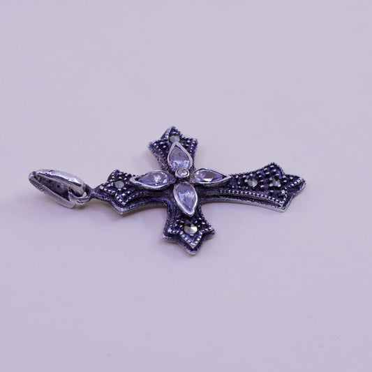Vintage handmade sterling 925 silver handmade cross pendant with marcasite cz
