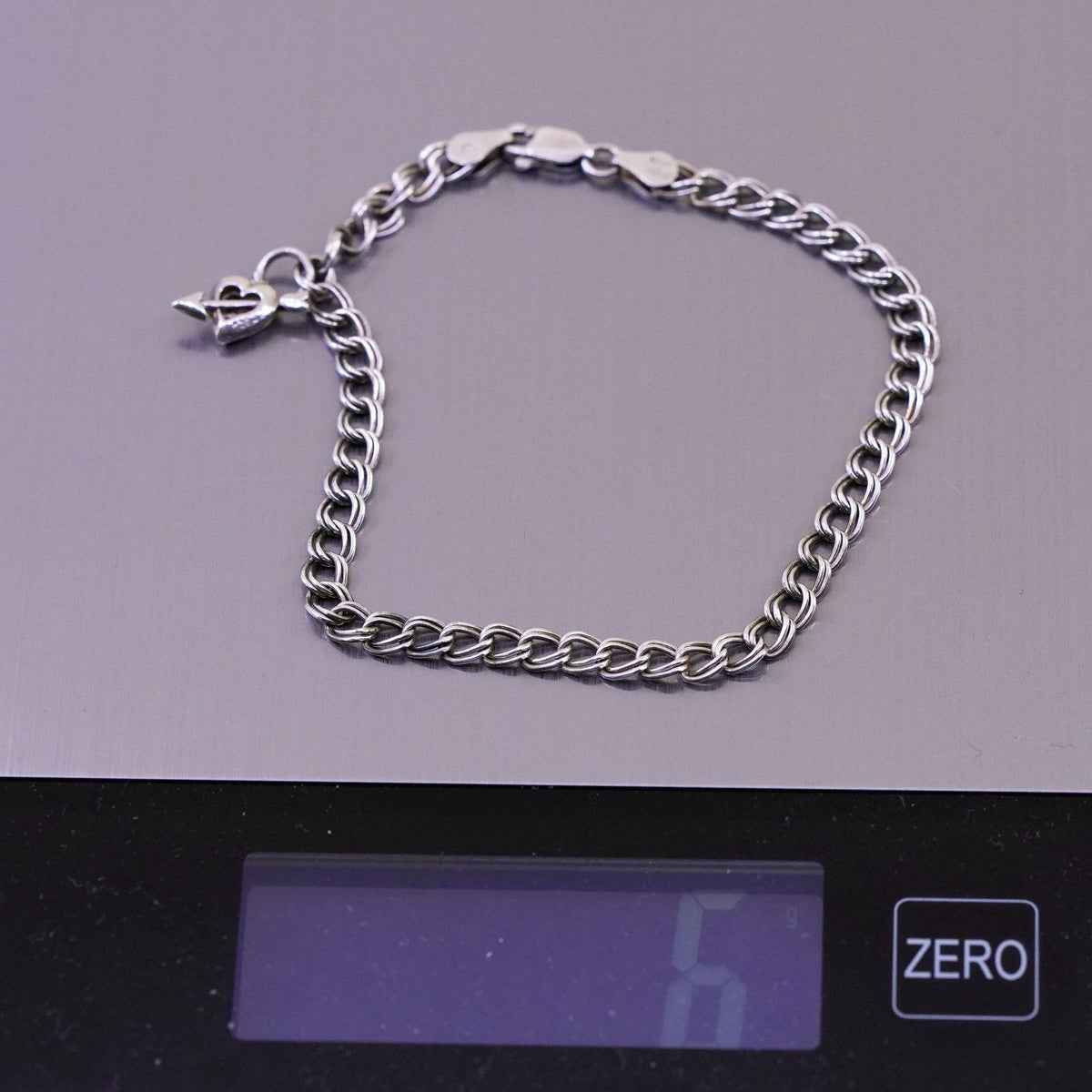 8”, Vintage sterling 925 silver double curb bracelet with arrow heart charm