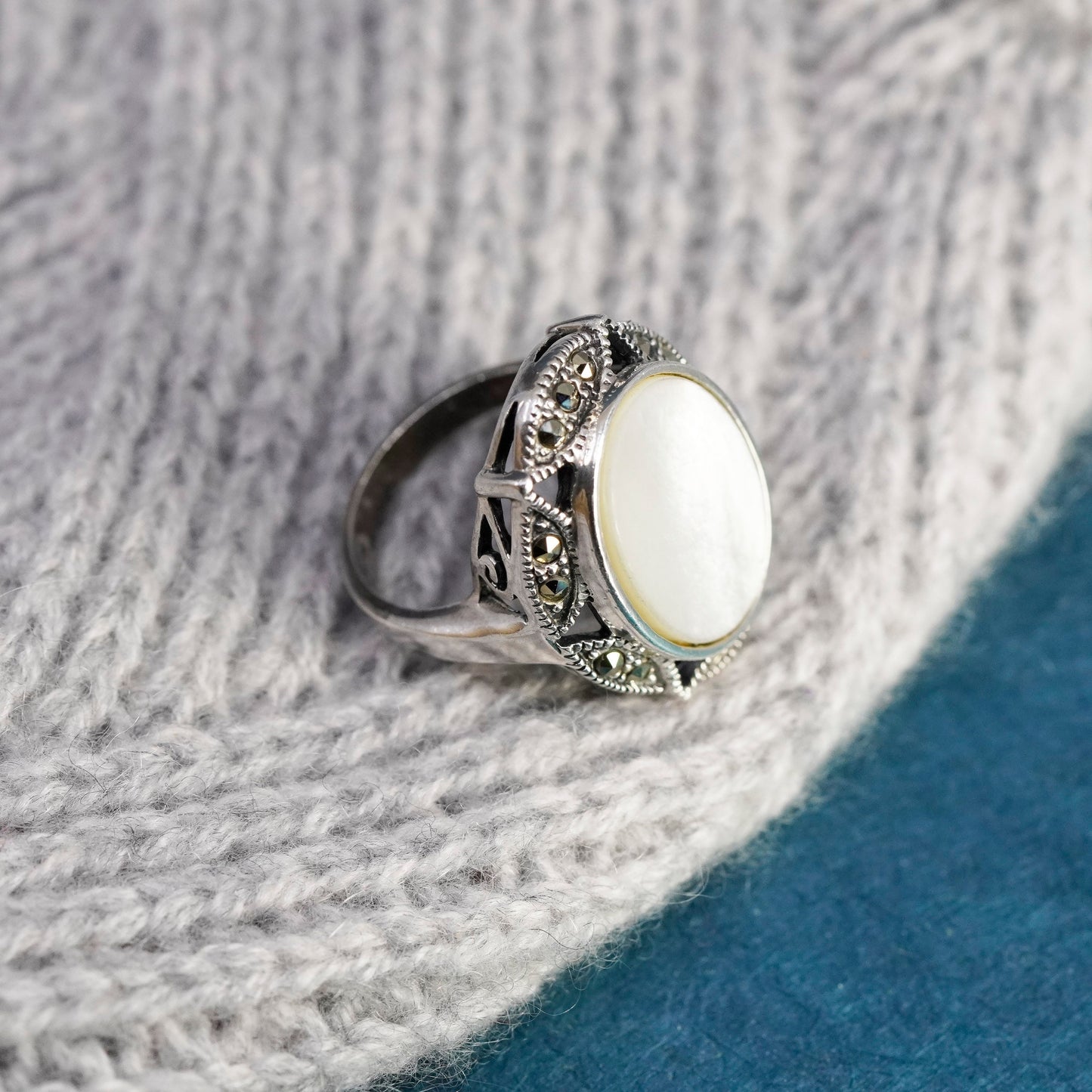Size 6.5, sterling 925 silver handmade ring with mother of pearl and marcasite