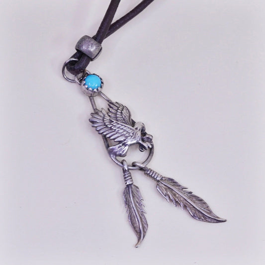 14”, Native American sterling silver necklace, 925 eagle pendant leather chain