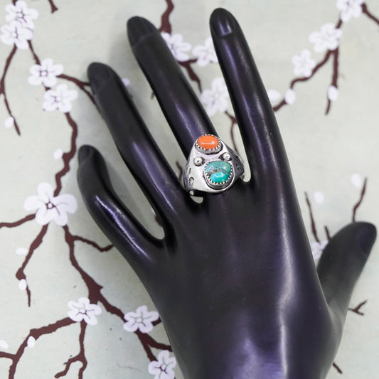Size 9.75, sterling silver ring, Native American 925 band ring turquoise, coral
