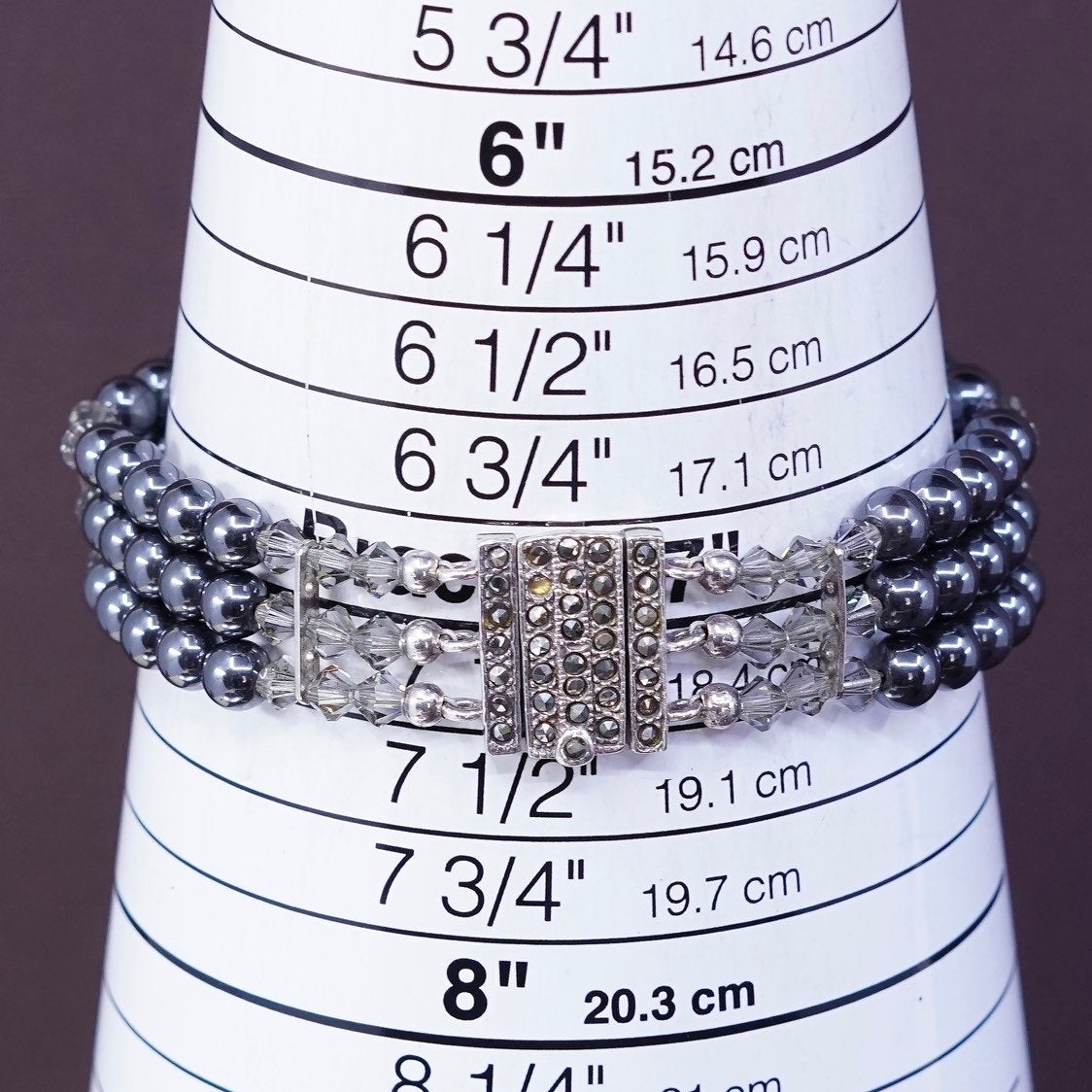 7” 1960s sterling 925 silver handmade bracelet, hematite marcasite