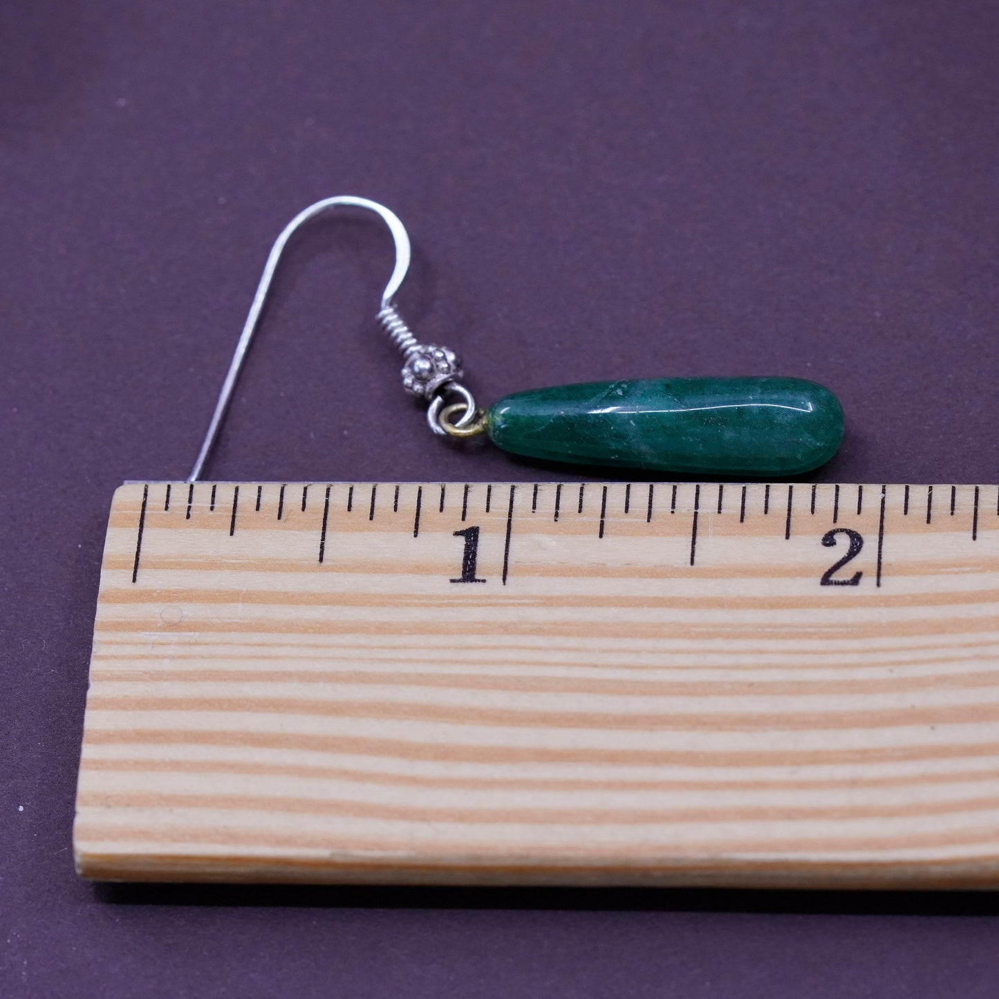 Vintage sterling 925 silver handmade earrings, with teardrop green agate dangle