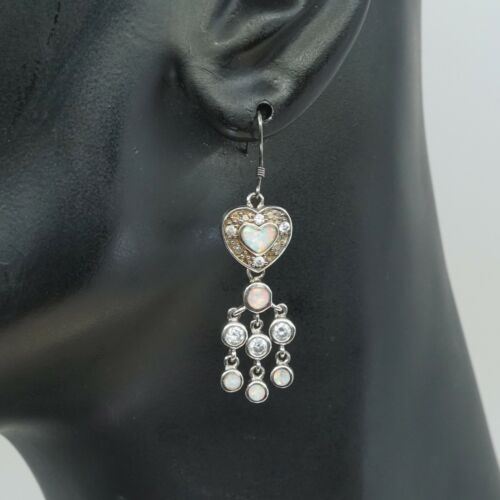 Sterling Silver Handmade Earrings, 925 Silver Heart W/ Opal & Marcasite