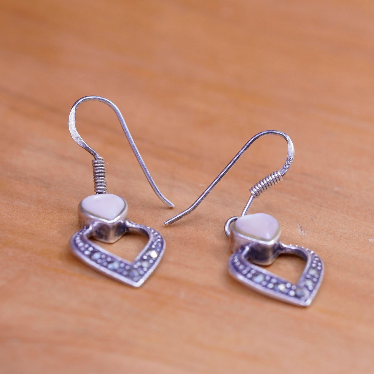 Sterling 925 silver handmade earrings with heart mother of pearl Marcasite