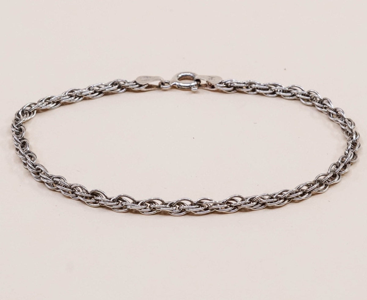 7", 3mm, Vintage sterling silver Italy rope chain bracelet, stamped italy 925