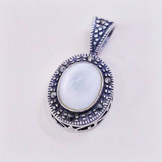 sterling 925 silver handmade pendant, mother of pearl w/ marcasite pendant