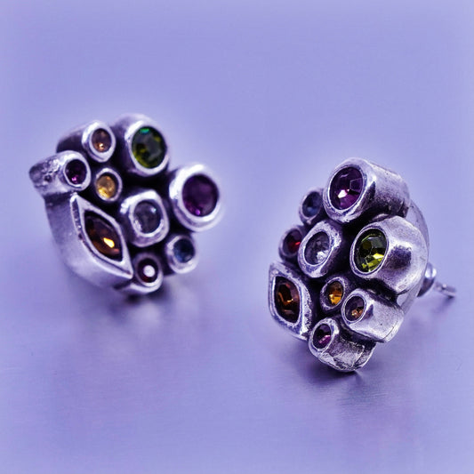 Vintage silver tone earrings, studs with colorful cz inlay, stamped Pat