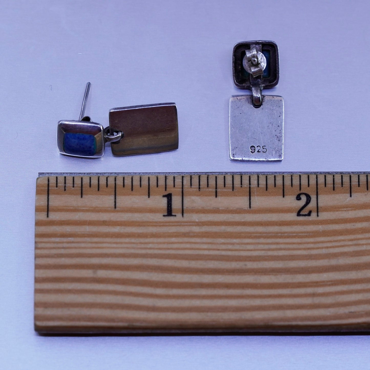 Vintage Sterling 925 silver handmade earrings with square denim lapis lazuli