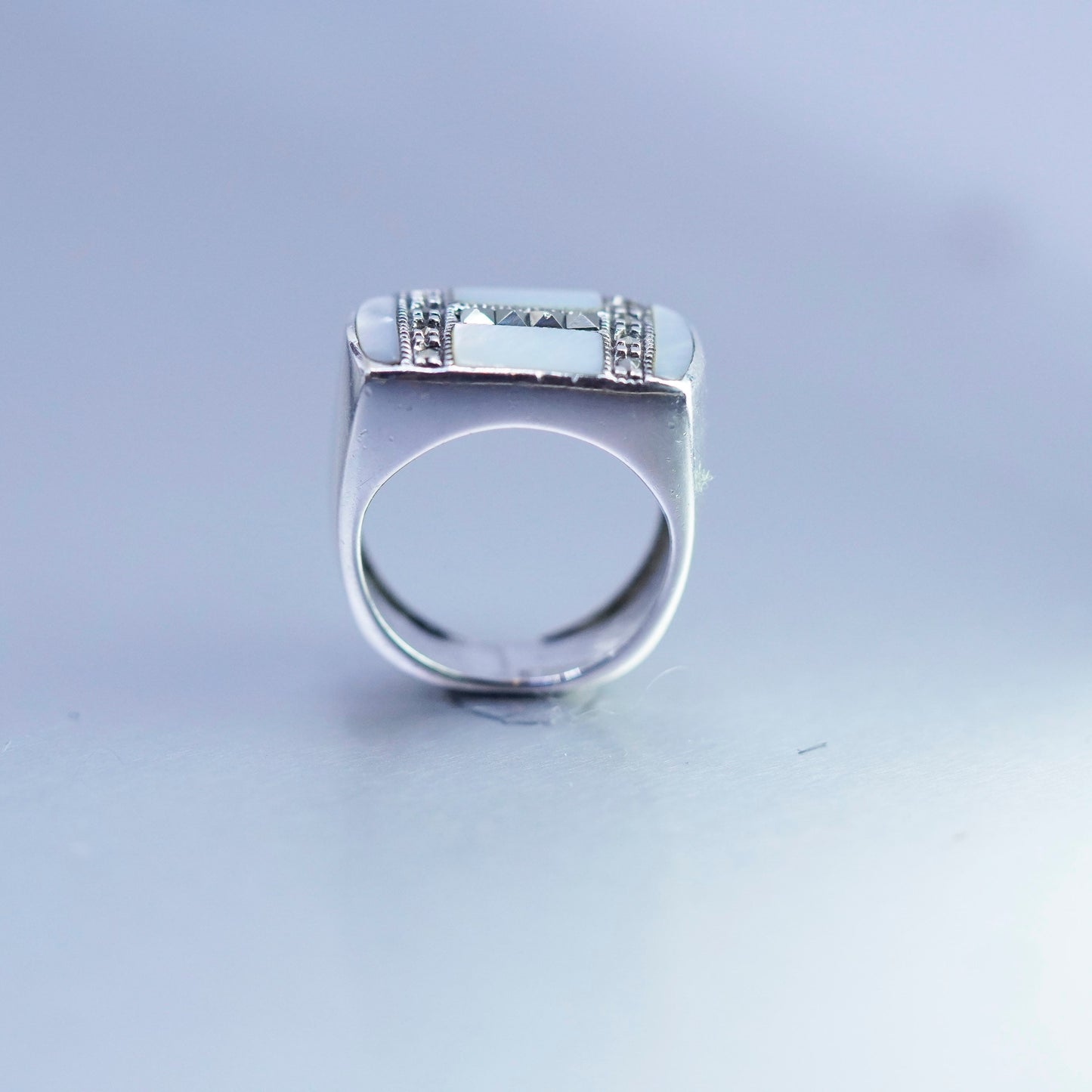Size 5.75, Sterling 925 silver handmade ring with mother of pearl and marcasite