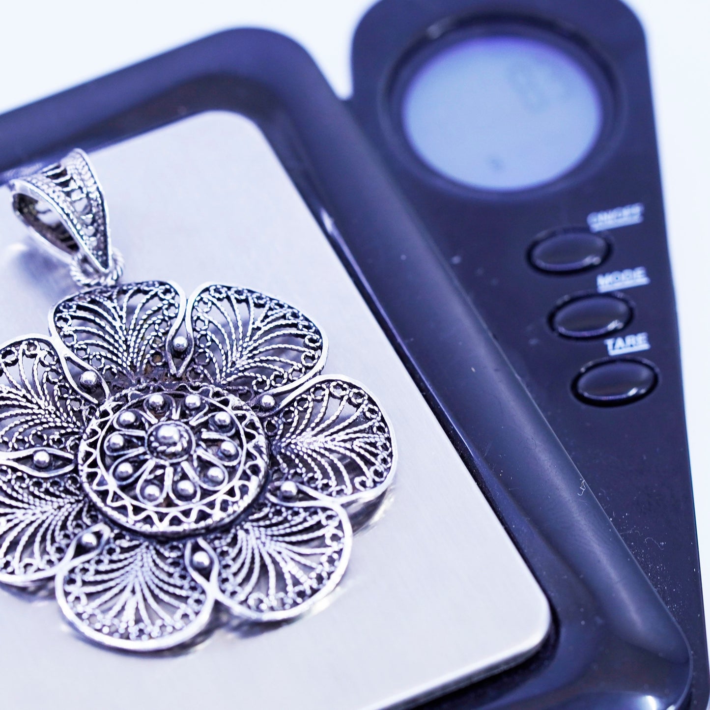 antique sterling 925 silver filigree flower pendant charm