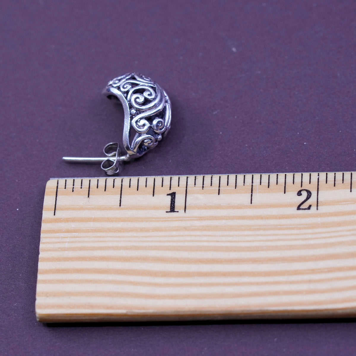 vtg Sterling silver handmade earrings, 925 huggie, hoops studs with filigree