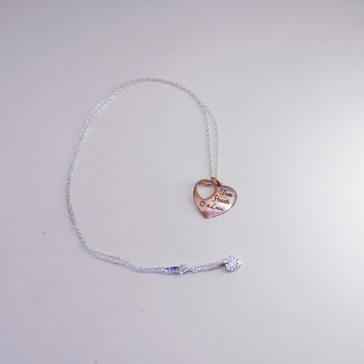 18”, Sterling silver necklace, 925 circle rose gold pendant two hearts one love