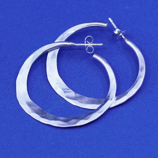 1.25”, Vintage Sterling Silver handmade Earrings. 925 hammered circle Huggie