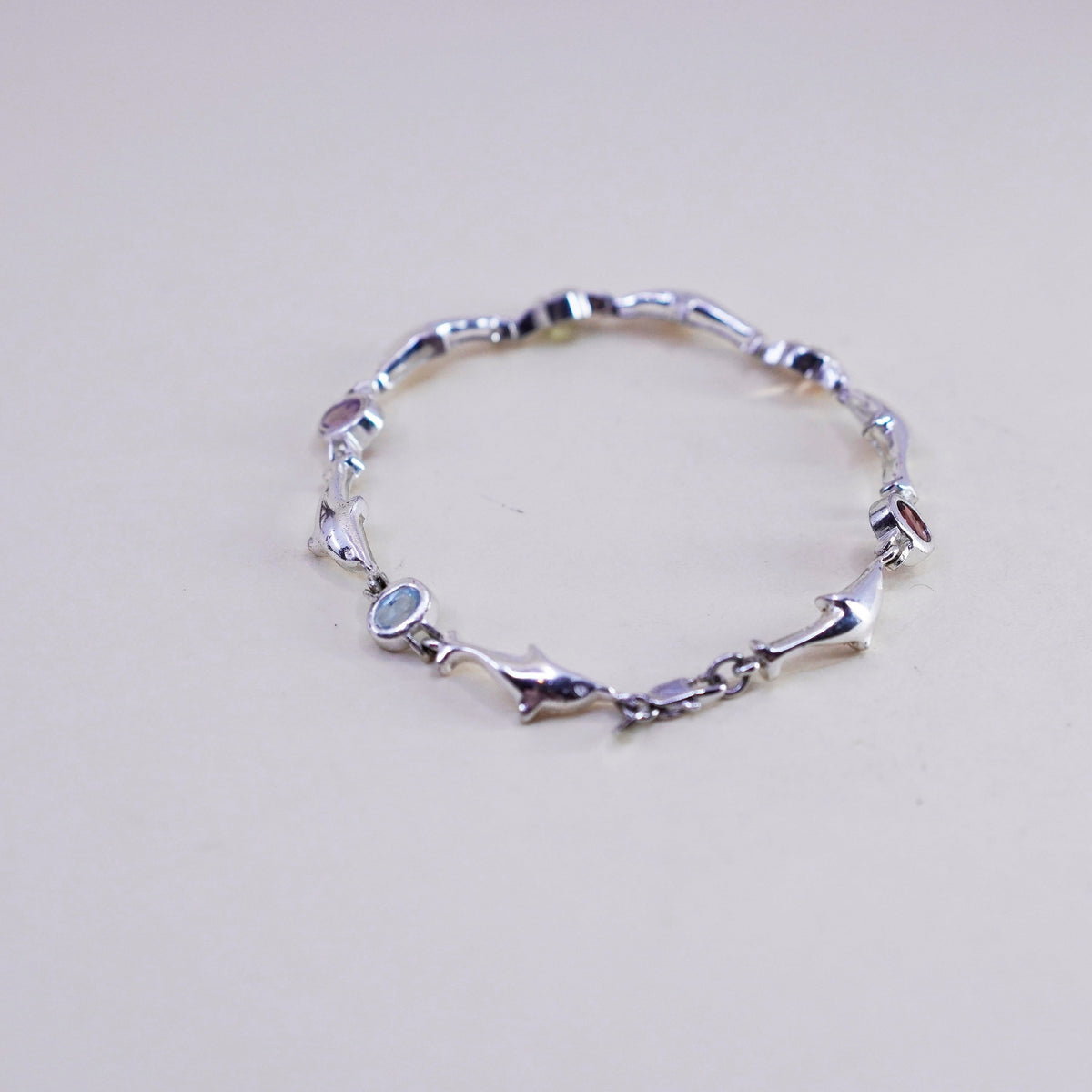 7”, Sterling silver handmade bracelet, 925 dolphin chain colorful gemstones
