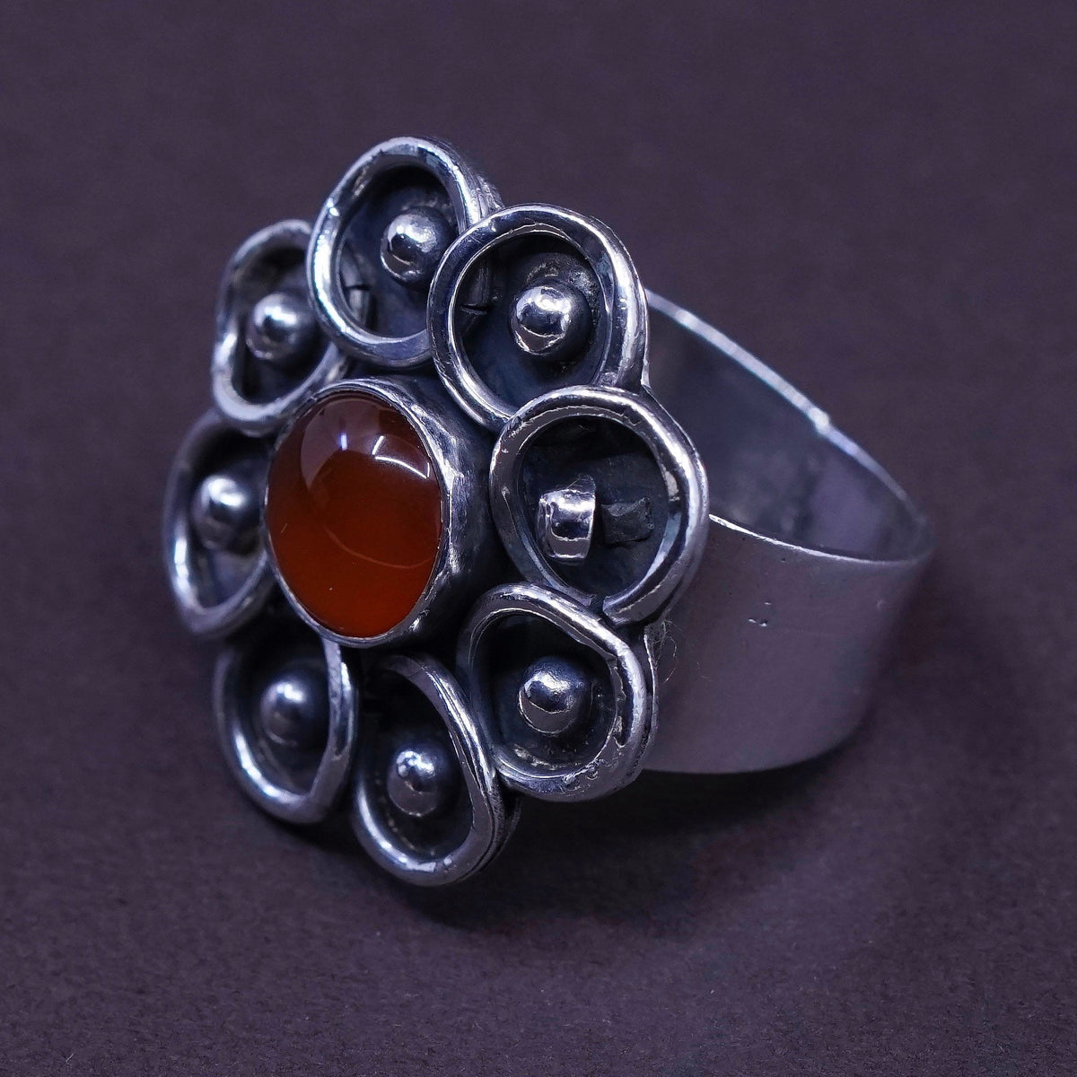 Size 6.5, vintage Sterling silver handmade flower ring with carnelian