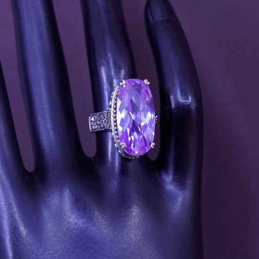 Size 6, vintage Sterling 925 silver handmade ring with amethyst marcasite beads