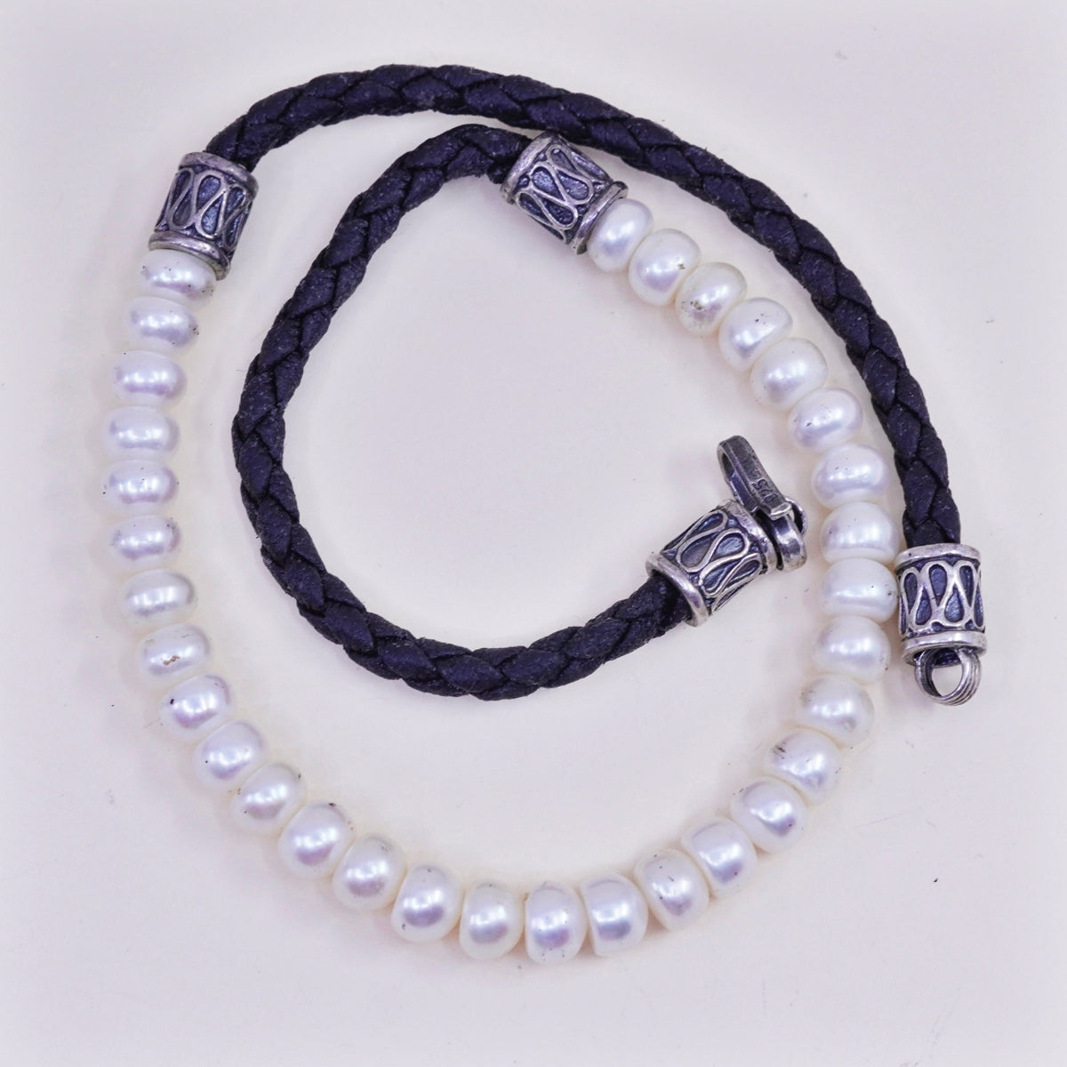Vintage Braided Black Leather necklace with Pearl and Sterling 925 silver clasp