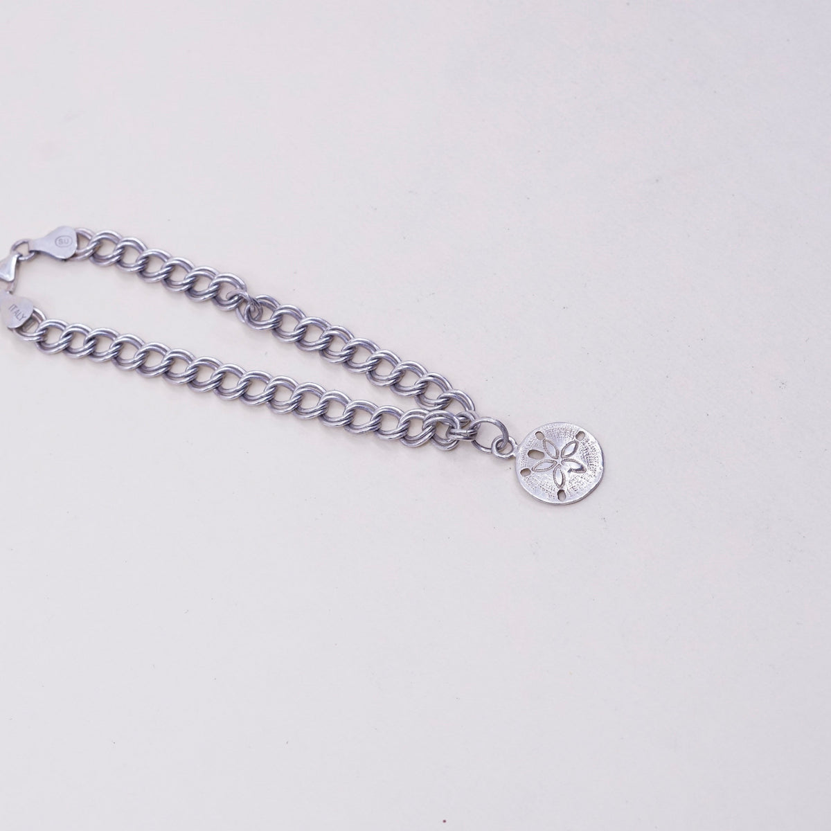 6.75”, sterling silver double curb chain, 925 bracelet w/ sand dollar charm