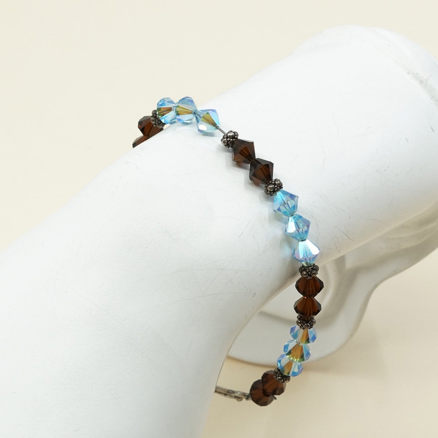 7.5”, VTG Sterling silver handmade bracelet w/ brown N blue Swarovski crystal