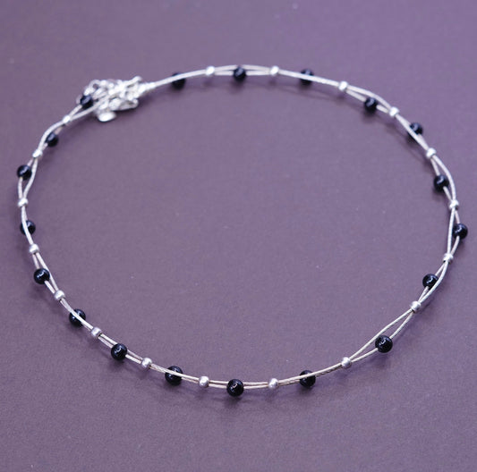 14+2”, Vintage Sterling 925 silver handmade twisted chain with obsidian beads