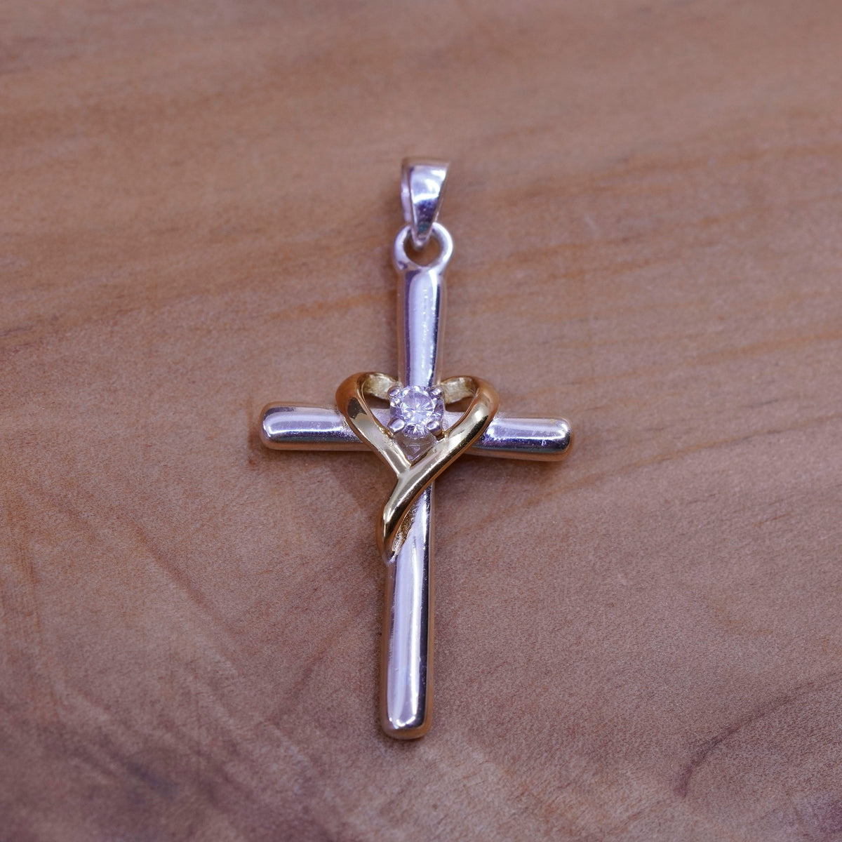 Vintage Sterling silver handmade pendant, 925 cross with heart and cz