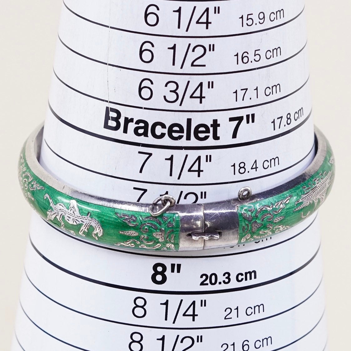 7.75", sterling silver story teller bangle, cuff, 925 bracelet w/ green enamel