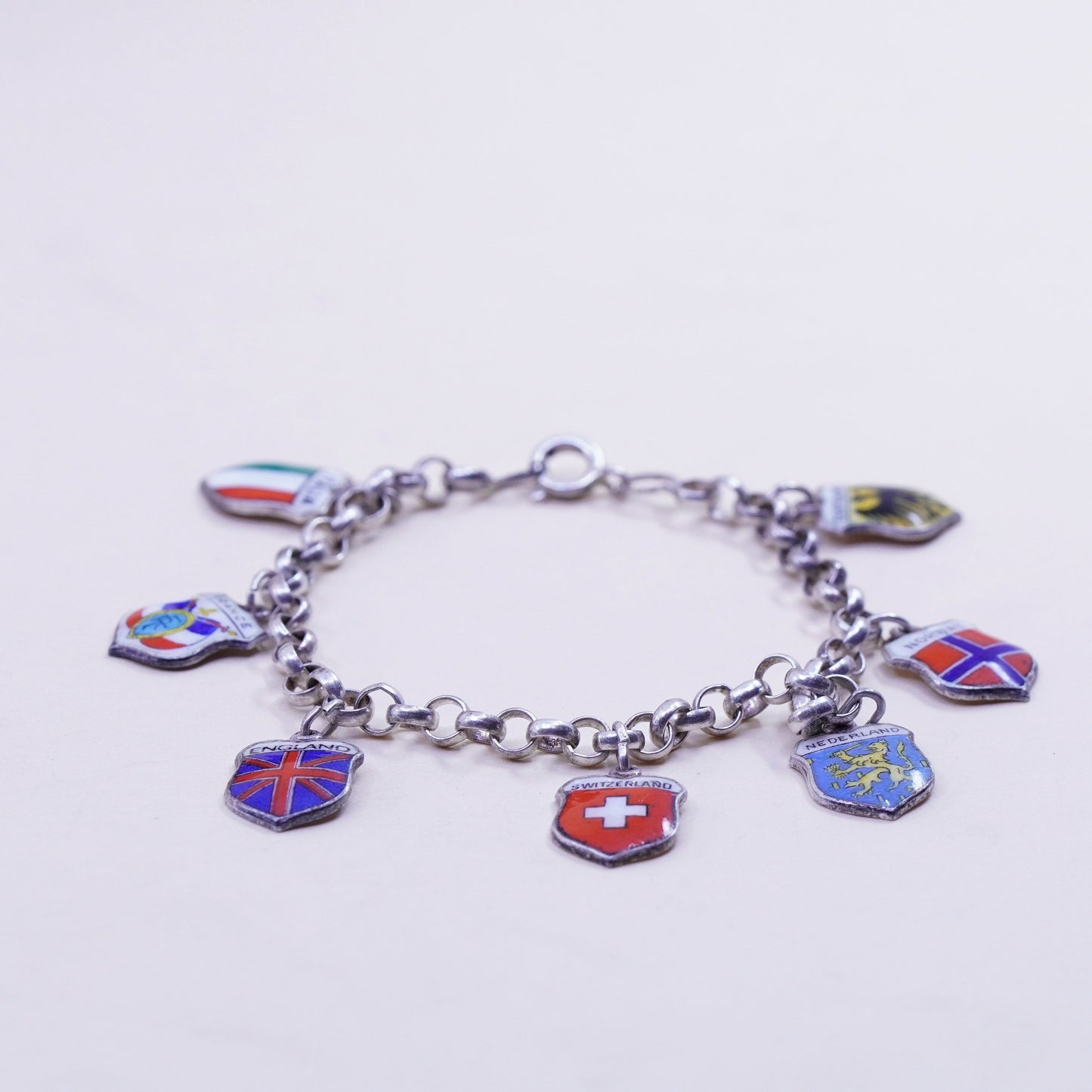 6.75”, sterling 925 silver circle chain bracelet world traveler 835 danish flag