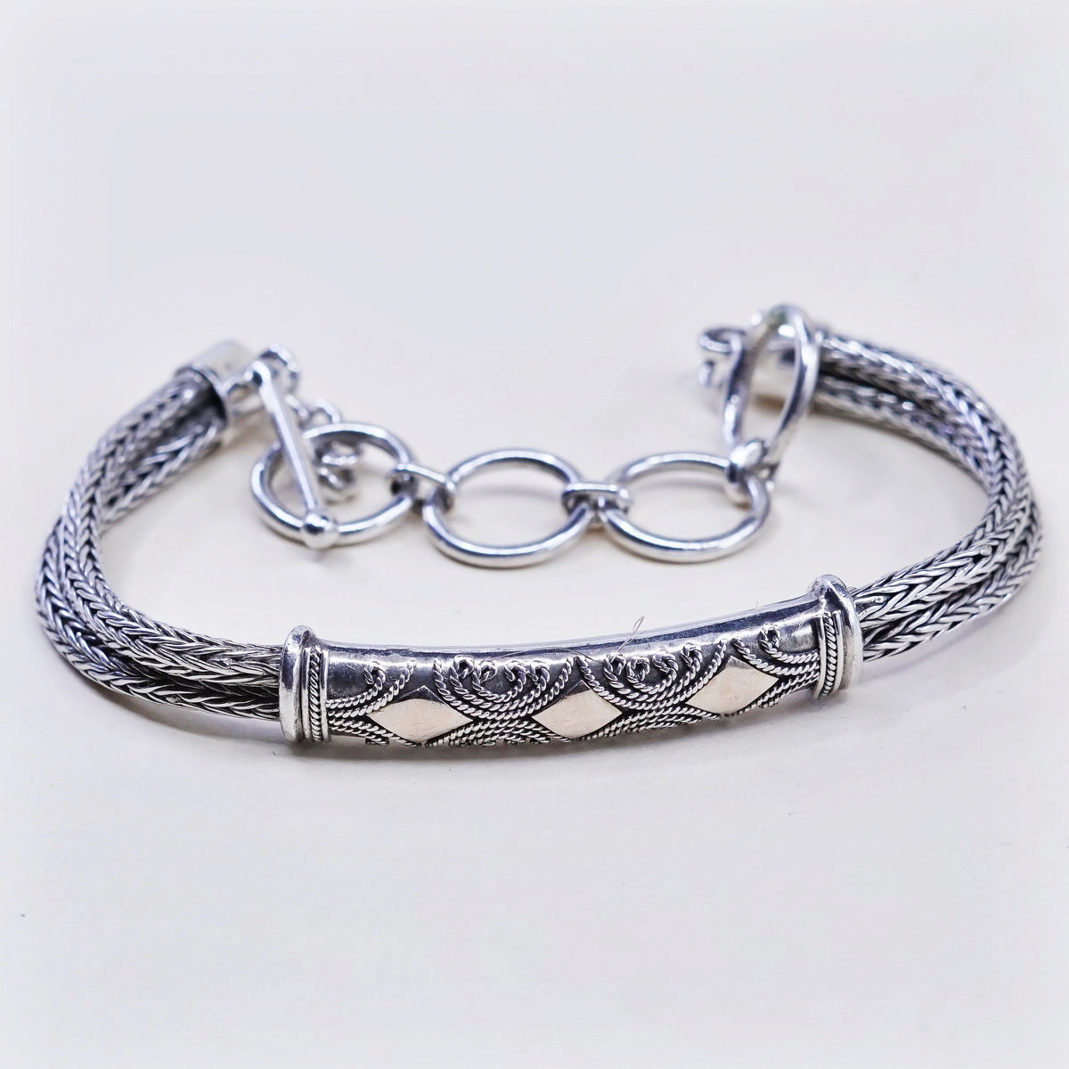 6.5”+1”, 14K gold accent w/ sterling silver bracelet, double strands 925 wheat