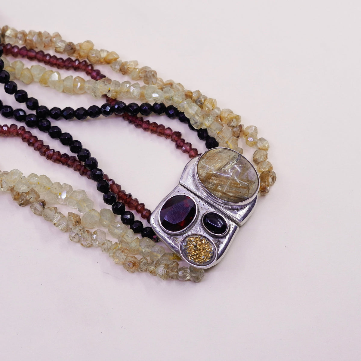 16”, sterling silver necklace, 925 tigers eye rutilated quartz citrine garnet